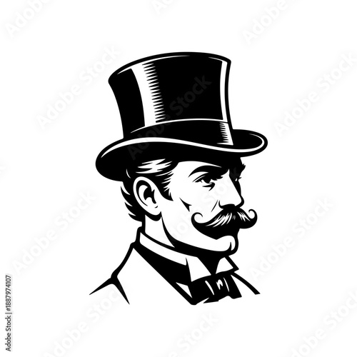 A sophisticated black and white vector illustration of a gentleman with a mustache, wearing a top hat and bowtie. Classic vintage mascot style on a white background.