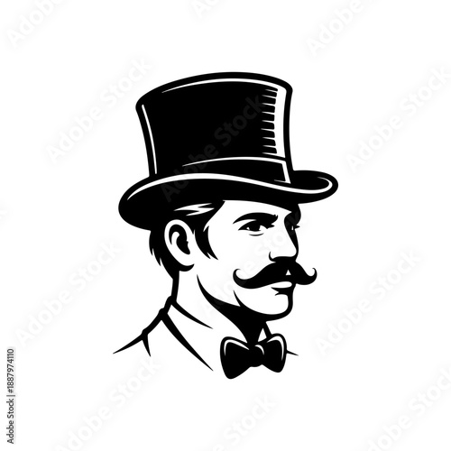 A sophisticated black and white vector illustration of a gentleman with a mustache, wearing a top hat and bowtie. Classic vintage mascot style on a white background.