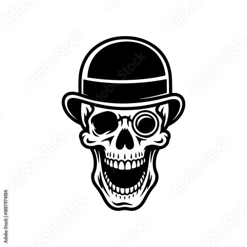 A bold black and white vector illustration of a laughing skull wearing a classic bowler hat and a monocle. Sophisticated yet macabre minimalist design on white.