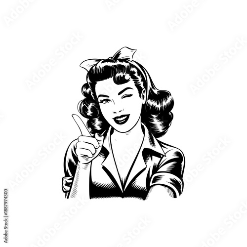A classic black and white retro vector illustration of a beautiful winking woman with a bow in her hair, pointing upwards. Stylish vintage mid-century comic art style.
