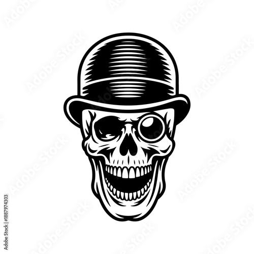 A bold black and white vector illustration of a laughing skull wearing a classic bowler hat and a monocle. Sophisticated yet macabre minimalist design on white.