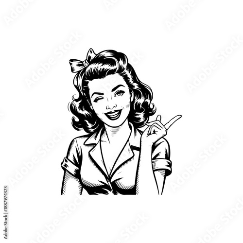 A classic black and white retro vector illustration of a beautiful winking woman with a bow in her hair, pointing upwards. Stylish vintage mid-century comic art style.