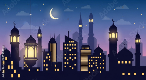 Ramadan cityscape at dusk with mosques and crescent moon
