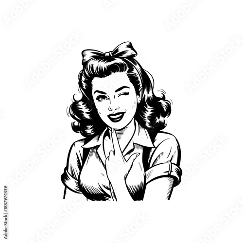A classic black and white retro vector illustration of a beautiful winking woman with a bow in her hair, pointing upwards. Stylish vintage mid-century comic art style.