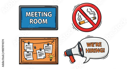 Office communication public signs and workplace environment vector illustration for business design needs