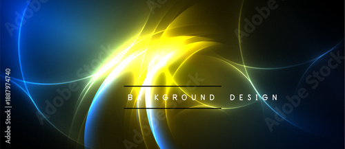 Abstract vibrant lines, yellow glow, blue accents. Dark background creates dramatic visual effect. Modern design element.