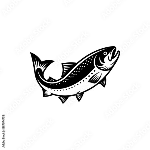 A dynamic black and white vector illustration of a salmon jumping. The graphic features stylized scales, detailed fins, and a curved body, isolated on a white background.