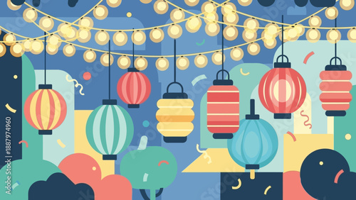 Colorful Lanterns Hanging from Strings.