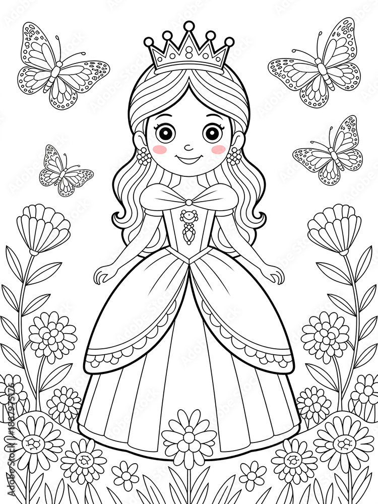 Fototapeta premium Outline of a princess with a crown, surrounded by butterflies and flowers