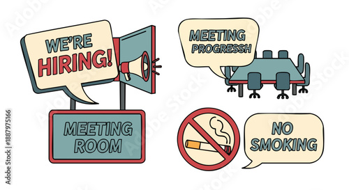 Cartoon style icons for office communication recruitment and workplace regulations for digital use