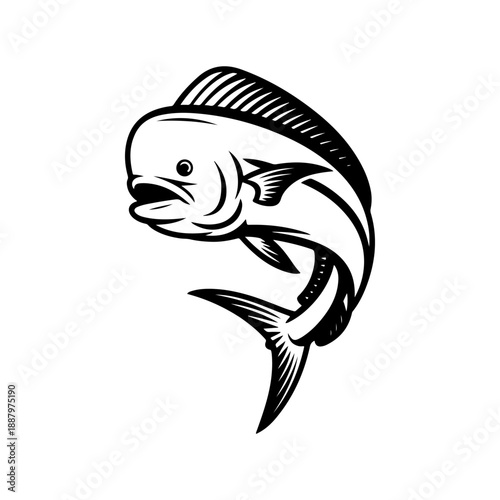 A dynamic black and white vector illustration of a Mahi-mahi fish jumping. Features its distinct flat head and long dorsal fin in a high-contrast minimalist style.