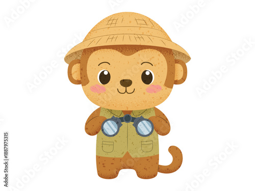Cute Monkey Explorer Vector Illustration in Safari Outfit with Binoculars and Pith Hat
