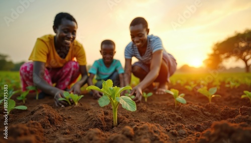 Family plants seedlings in field at sunset. Parents and child work together in farm. People grow food, cultivate crops in rural earth during golden hour warm light.