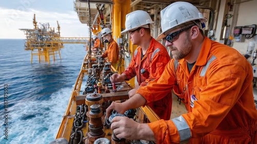 Offshore Rig Team at Work: A team of dedicated engineers and workers in protective gear manages equipment on an offshore oil rig, with the serene ocean in the backdrop.