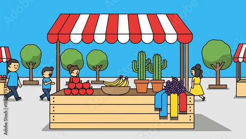 Fruit Stand with Red White Striped Awning.