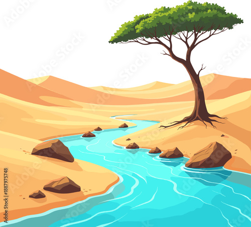 Stylized desert river and oasis scene with flowing water, sand dunes and trees. Colorful cartoon illustration for games, apps, backgrounds and storytelling.