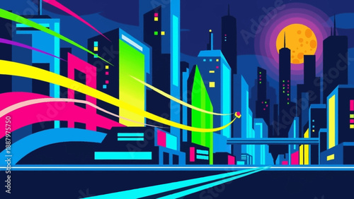 Futuristic Cityscape with Neon Lights and Skyscrapers.