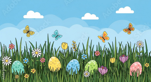 Colorful easter eggs and butterflies in a vibrant spring grassy field with flowers under a blue sky