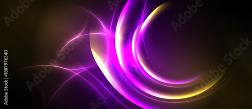 Abstract swirls, vibrant colors, dynamic energy. Purple, gold hues blend into darkness. Smooth curves create flowing patterns.