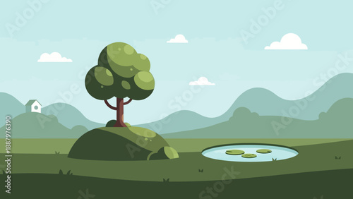 Tree on Hill with Pond Landscape.