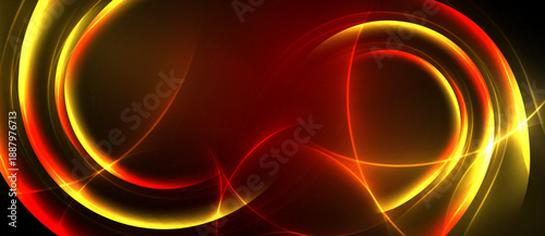 Abstract design features vibrant red, gold swirls. Dynamic energy radiates from luminous curves, creating captivating visual effect.