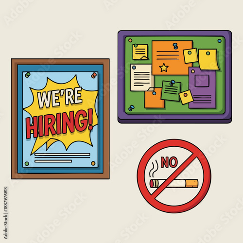 Hiring announcement sign displayed prominently next to a no smoking symbol on a plain background signifying job opportunity and workplace policy