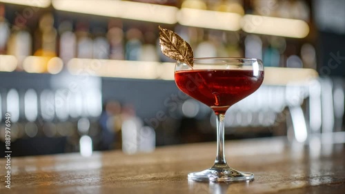 A coupe glass with a red cocktail and gold leaf garnish on a bar with bottles in the blurred background