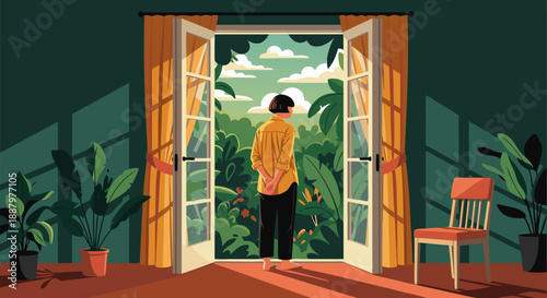 A vibrant vector illustration of a person looking out at a lush green landscape through open doors, embodying hope and new beginnings
