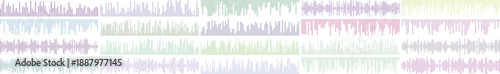 Assortment of auditory signal waveforms in pastel tones, isolated on white background.
