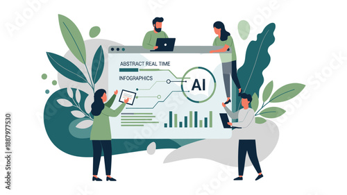 A highly collaborative business development team diligently analyzes complex artificial intelligence data visualizations displayed prominently on a large digital screen, surrounded by lush green