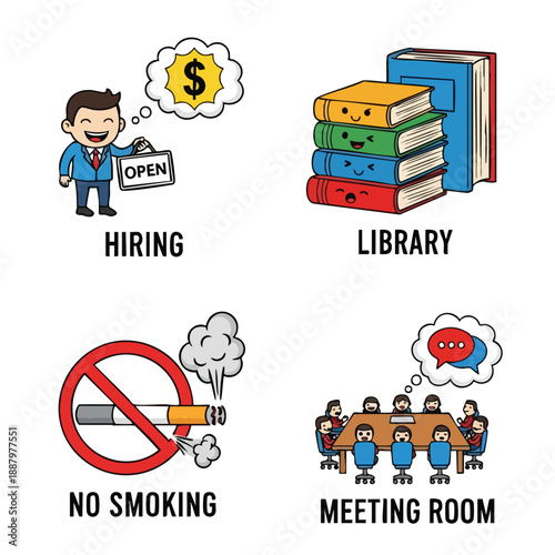 Cartoon illustrations depicting various business, education, and public rule concepts for icon design needs