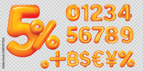 5 Percent Discount 3D Glossy Orange Number Set with Percent Sign, Currency and Math Symbols, Sale Promotion, Interest Rate, Cashback, Finance and Marketing Concept, Isolated on Transparent Background