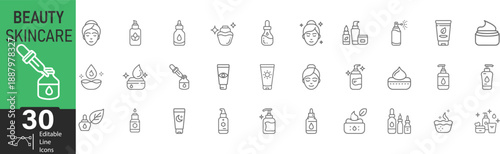 Beauty Skincare Icons set Collection In Modern Editable Thin Stroke Line Style Of Skincare Related Icons Face And Body Care, Cosmetics Products And More Isolated On Transparent Background