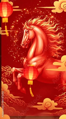 Vibrant Chinese Lunar New Year Celebration with Majestic Red Horses and Illuminated Lanterns