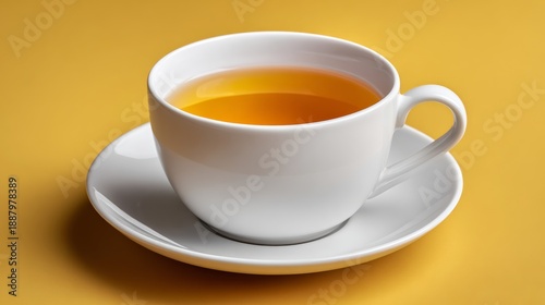 Wallpaper Mural A white cup of tea sits on a yellow plate. The cup is filled with a light yellow liquid, and the plate is empty. Concept of calm and relaxation Torontodigital.ca