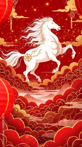 Vibrant Lunar New Year Celebration with Traditional Red Lanterns and Flaming Horses