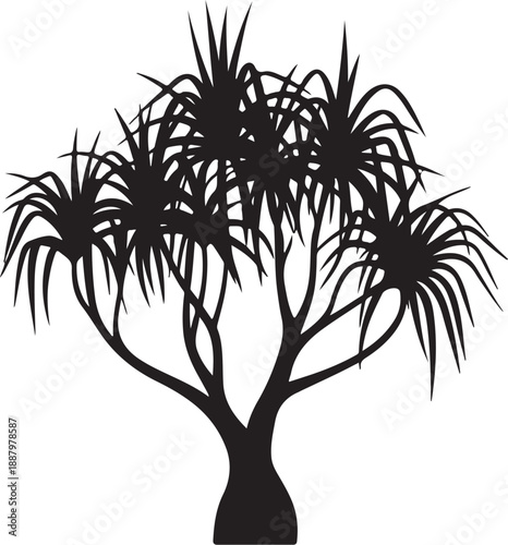 Black silhouette of a tropical screw pine pandanus tree with sharp pointed leaves and a thick trunk isolated on a clean white background for design