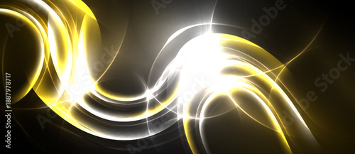 Abstract golden lines swirl, creating luminous energy. Bright center radiates light against dark background. Dynamic, flowing shapes present.