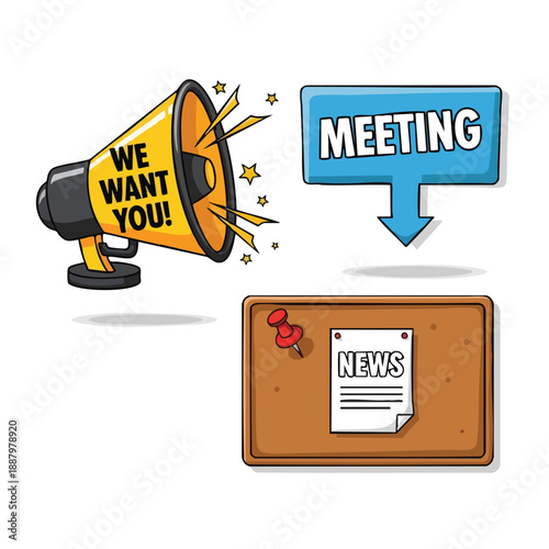 Essential communication and announcement icons for conveying important information and updates on a white background