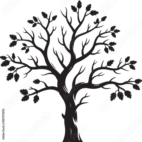 Detailed black silhouette of a rustic oak tree featuring winding branches and sparse leaves on a clean white background for minimalist natural graphic design projects