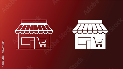 Storefront icons with shopping carts on red and black backgrounds for e commerce and retail business