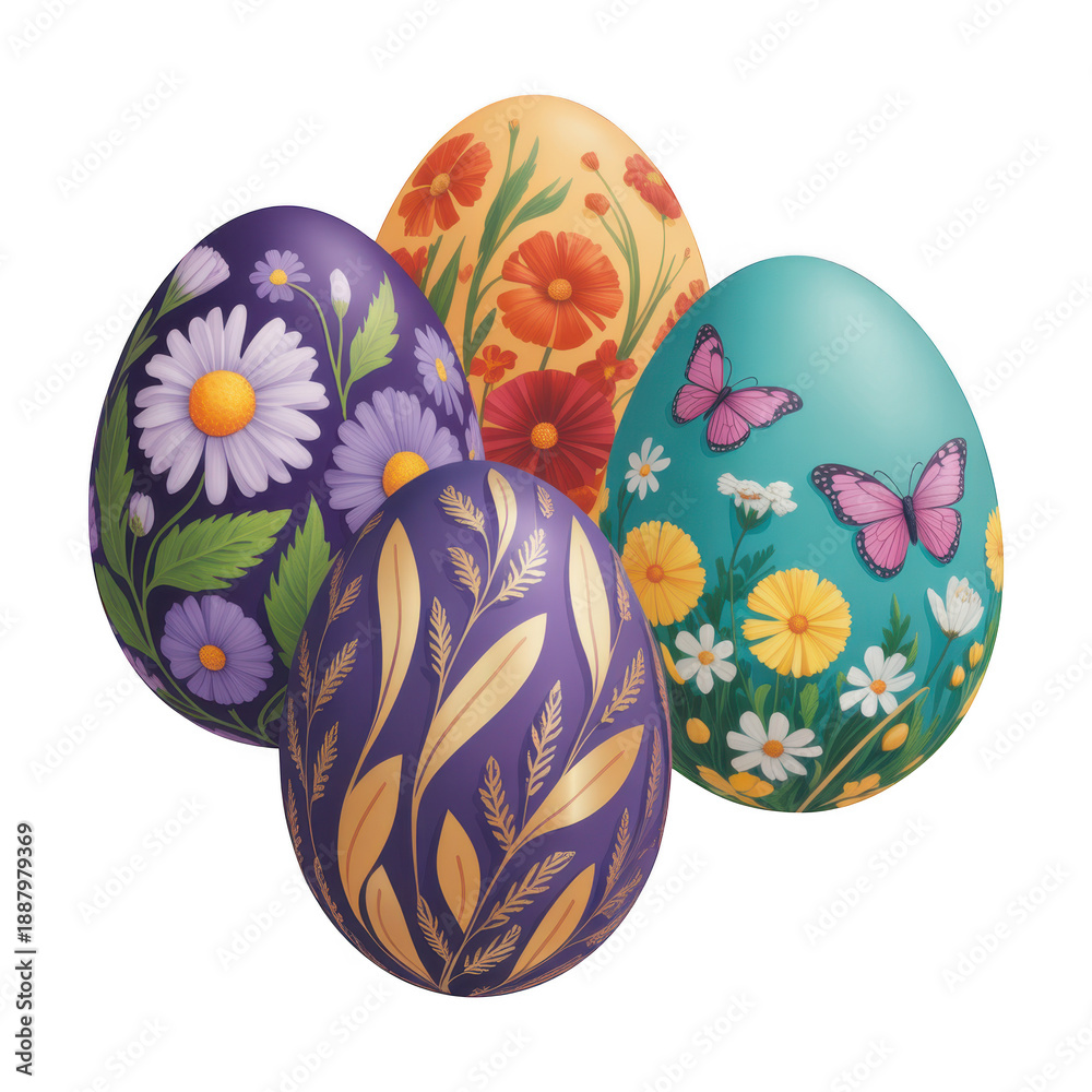 Fototapeta premium A cluster of four intricately decorated easter eggs featuring spring flowers and butterflies, isolated on transparent background. isolated on transparent background