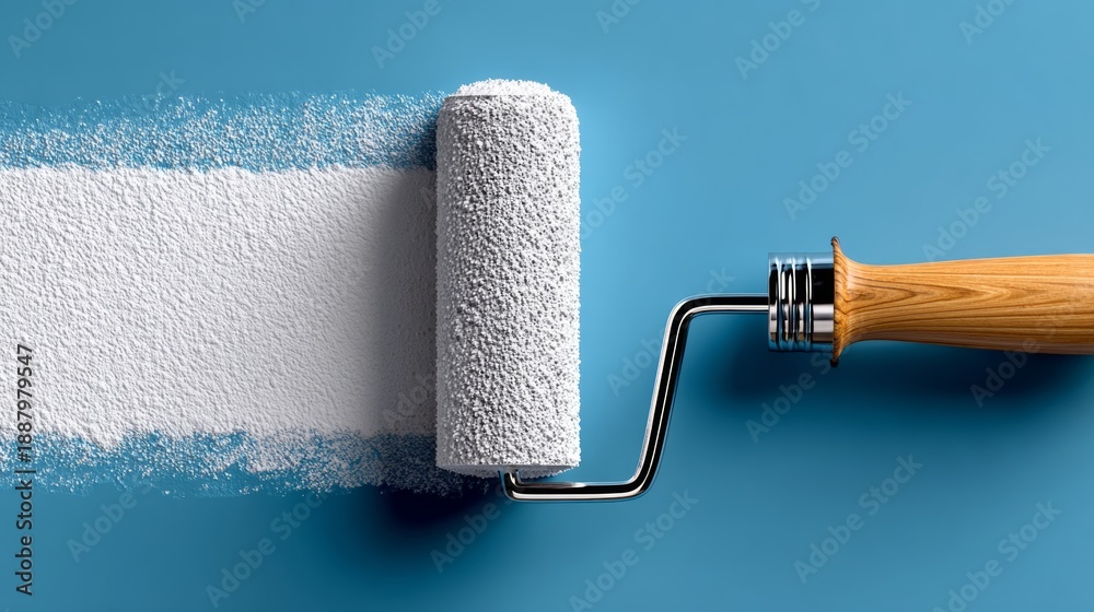 Obraz premium A paint roller is being used to apply white paint to a wall. The roller is being held by a person, who is likely painting the wall. The wall is a blank canvas, waiting to be transformed with color