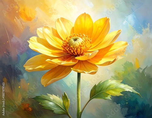 A vibrant, close-up painting of a radiant yellow flower in full bloom, with a green stem and leaves against a colorful, impressionistic background
