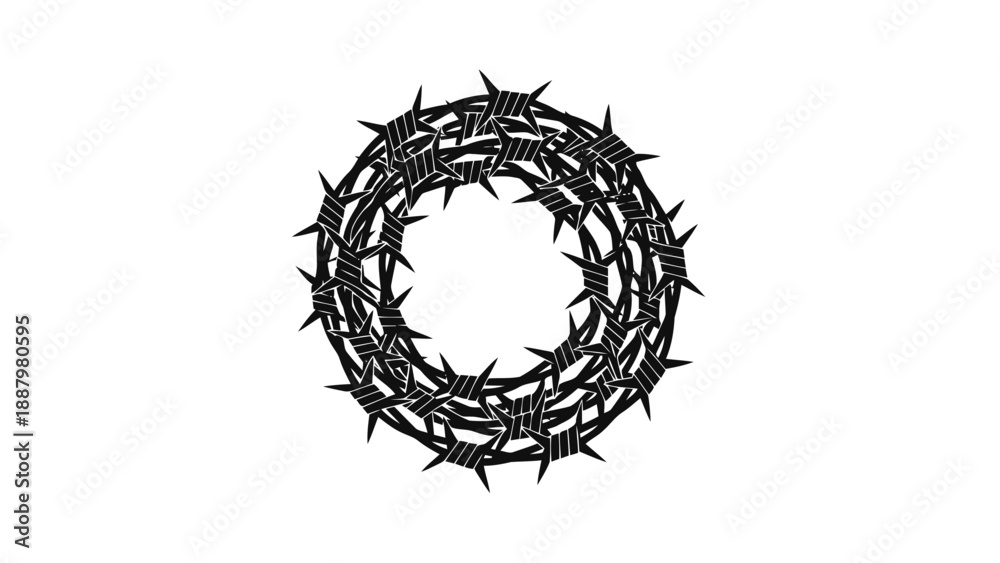 Fototapeta premium Vector illustration of a dark black barbed wire crown circle, isolated on transparent background