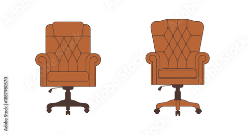 Two views of a luxurious orange leather office chair with tufted detailing