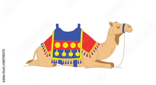 A cartoon depiction of a camel resting with a colorful saddle blanket
