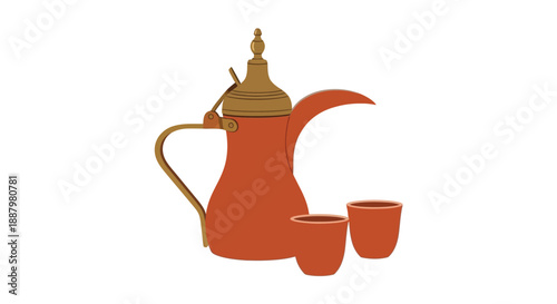 Traditional arabic coffee pot with two small cups isolated on white