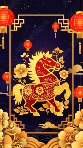 Vibrant traditional Chinese Lunar New Year celebration with decorative lanterns and auspicious motifs featuring mythical horse