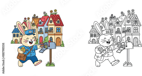 Cute cartoon bunny postman delivering Easter eggs in town, vector illustration with black and white coloring page outline.